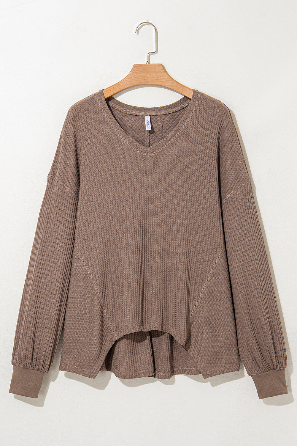 Waffle V Neck Long Sleeve Drop Shoulder Loose Blouse in Coffee