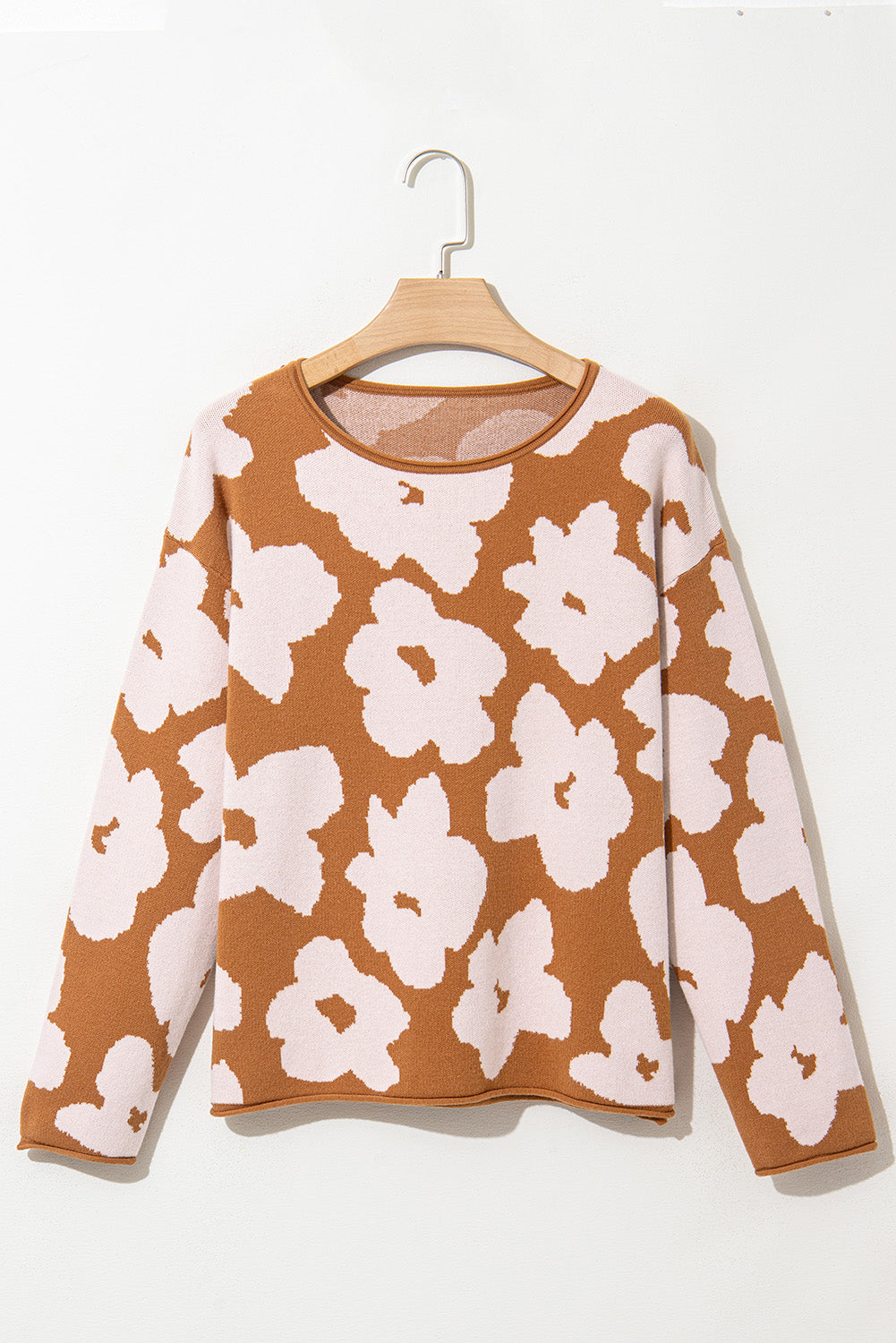 Floral Pattern Crew Neck Long Sleeve Loose Sweater | Brown