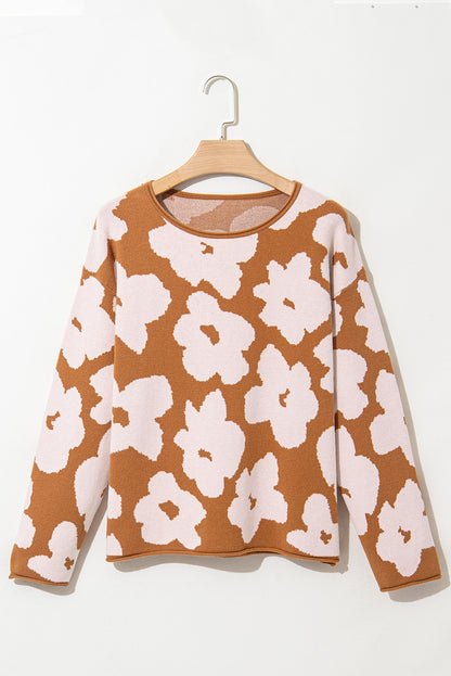 Floral Pattern Crew Neck Long Sleeve Loose Sweater | Brown