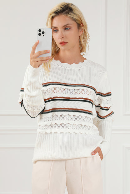 Striped Ribbed Scalloped Detail Knit Sweater | White