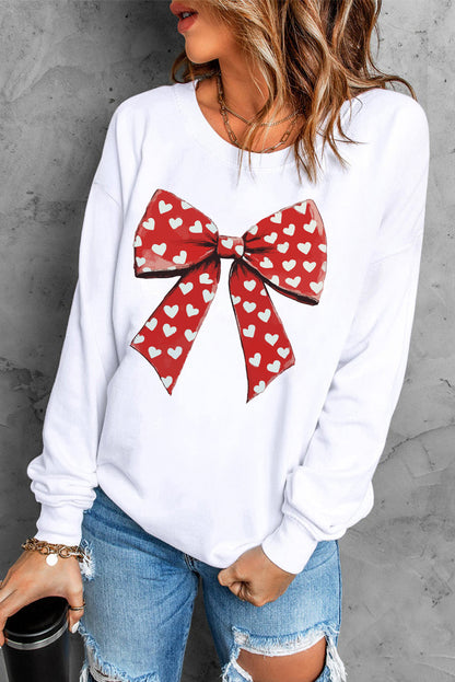 Heart Bow Printed Round Neck Valentines Pullover Sweatshirt | White