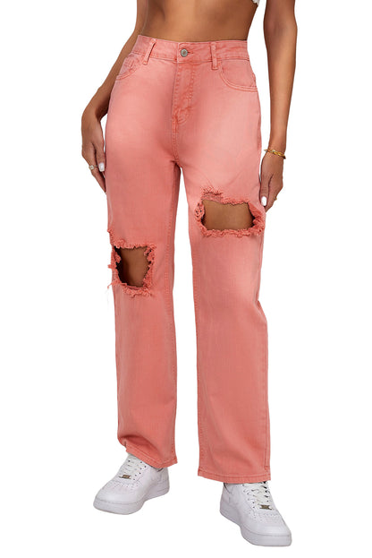 High Waist Ripped Straight Leg Pocket Jeans | Pink