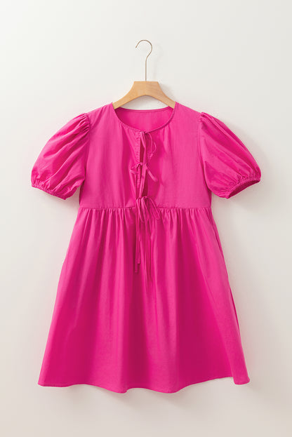 Solid Colour Puff Sleeve Tie Front High Waist Mini Dress | Bright Pink