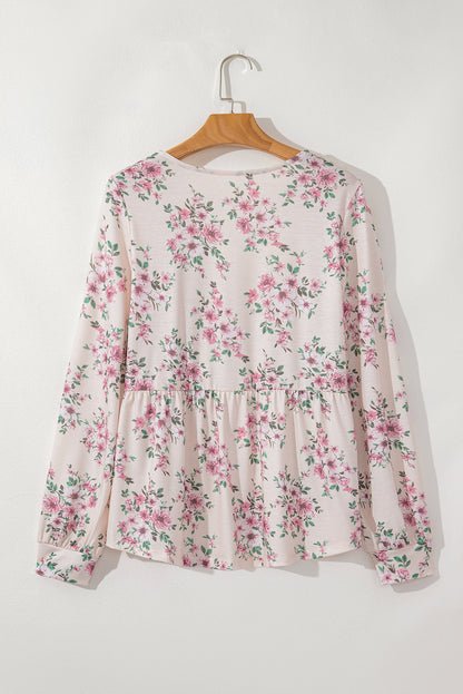 Floral Print Pleated U Neck Loose Fit Blouse | Pink