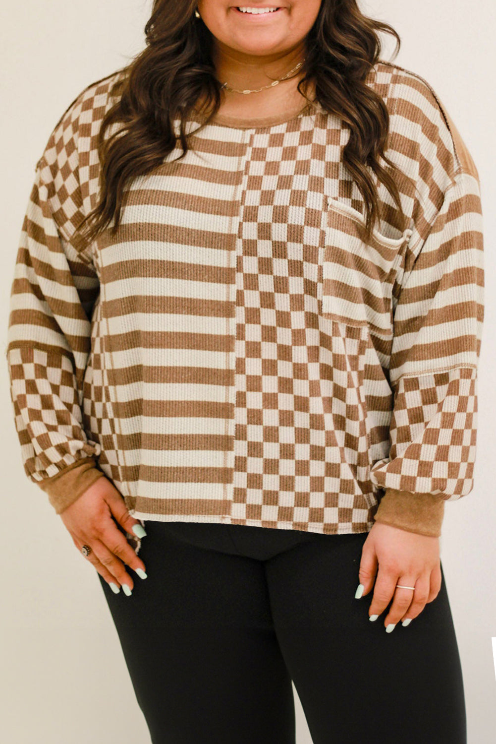 Striped Checkered Mixed Print Chest Pocket Casual Plus Size Top | Khaki