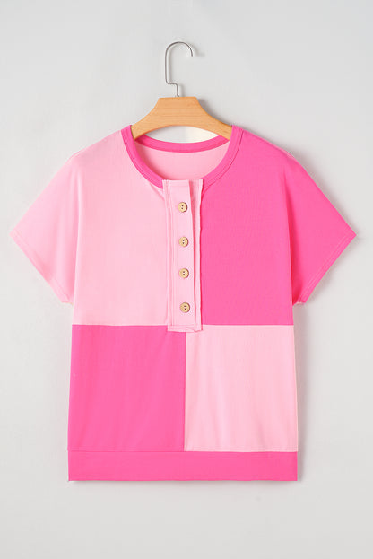 Two Tone Half Buttons Collared T Shirt | Pink