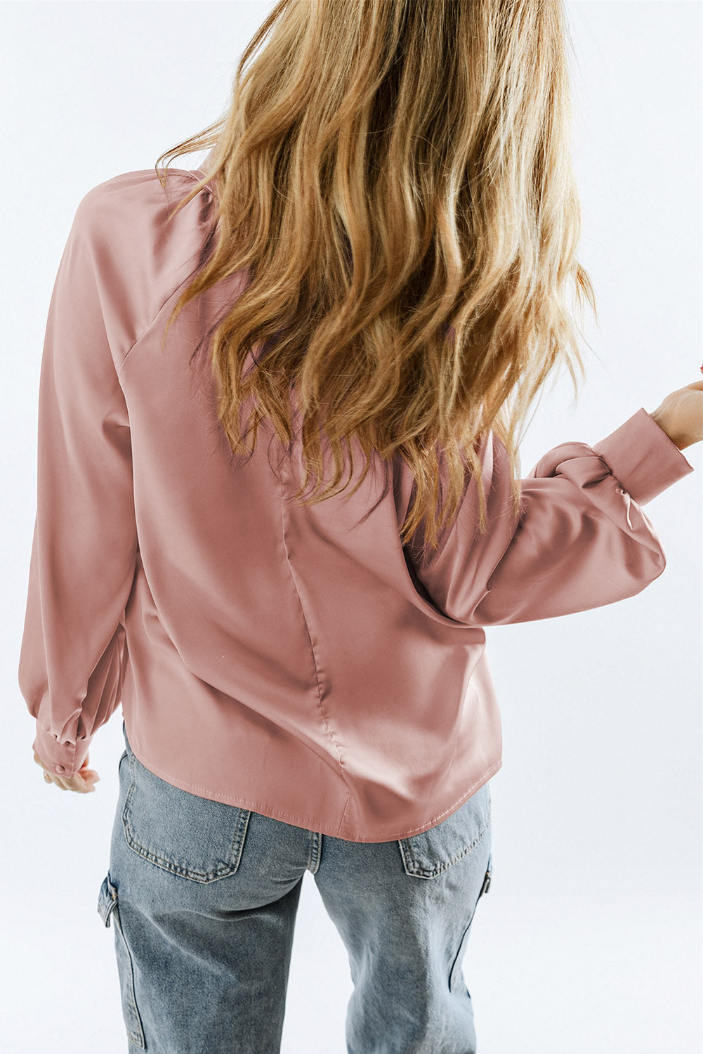 Twist High Neck Puff Sleeve Satin Blouse | Pink