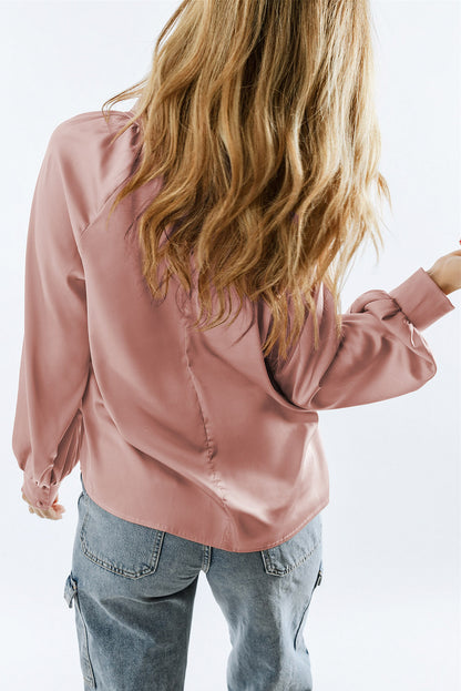 Twist High Neck Puff Sleeve Satin Blouse | Pink