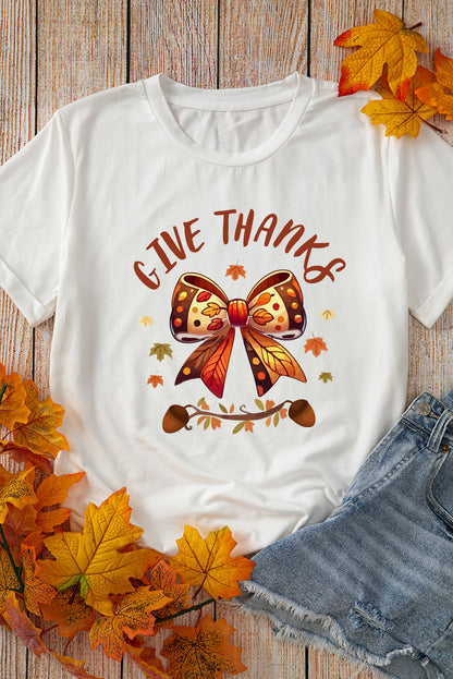 Give Thanks Bowknot Graphic Cuffed Sleeve T Shirt | White