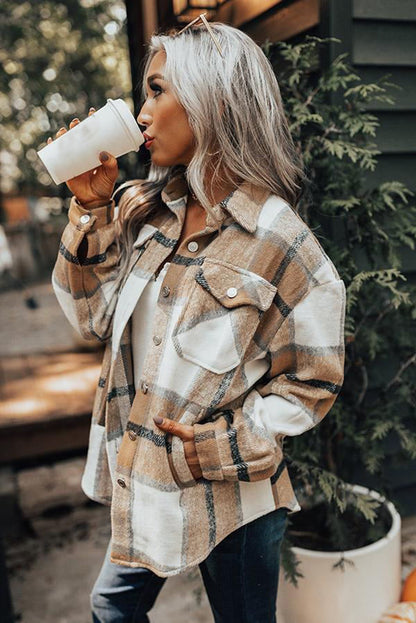 Button-Up Pocket Long Sleeve Plaid Shacket | Khaki