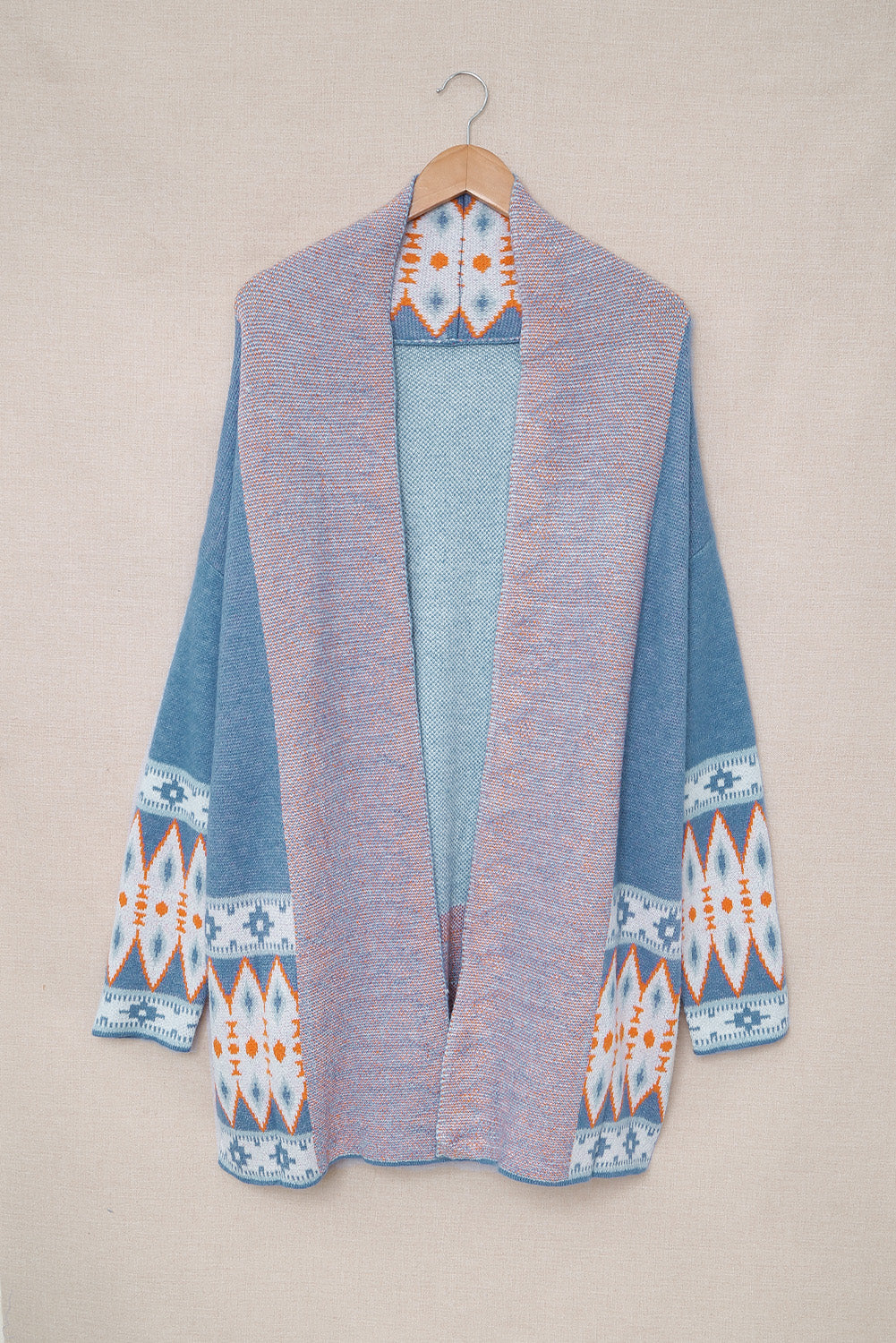 Aztec Print Open Front Knitted Cardigan | Blue