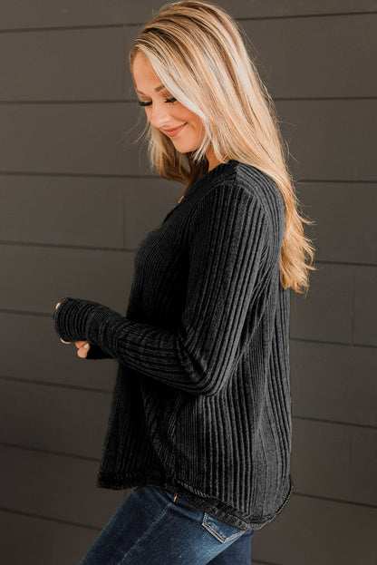 V Neck Buttoned Ribbed Knit Top | Black