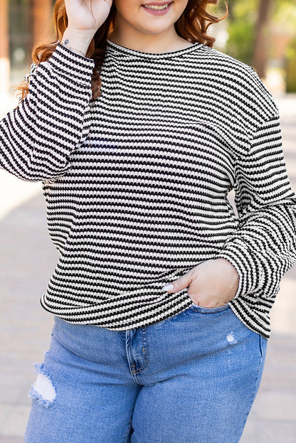 Drop Shoulder Puff Long Sleeve O Neck Plus Size T Shirt | Black Stripe