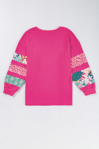 Plus Size Printed Patchwork Sleeve Split Sweatshirt | Rose Red