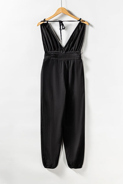 V Neck Knotted Shoulder Backless Pocket Jumpsuit | Black