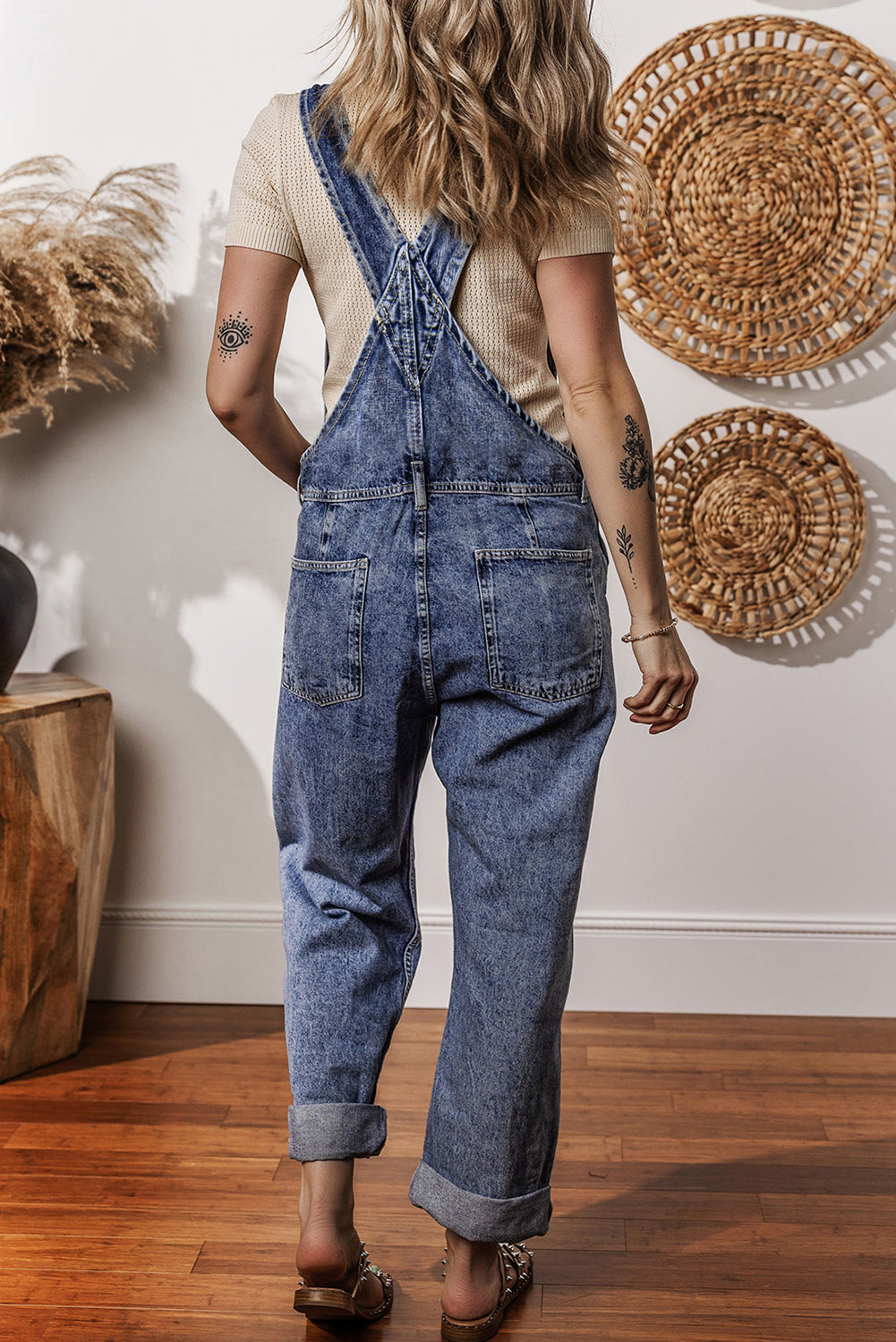 Denim Bib Straight Leg Jumpsuit With Pockets | Sail Blue