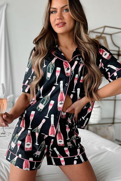 Champagne Print Silky Short Sleeve Pajamas Set | Black