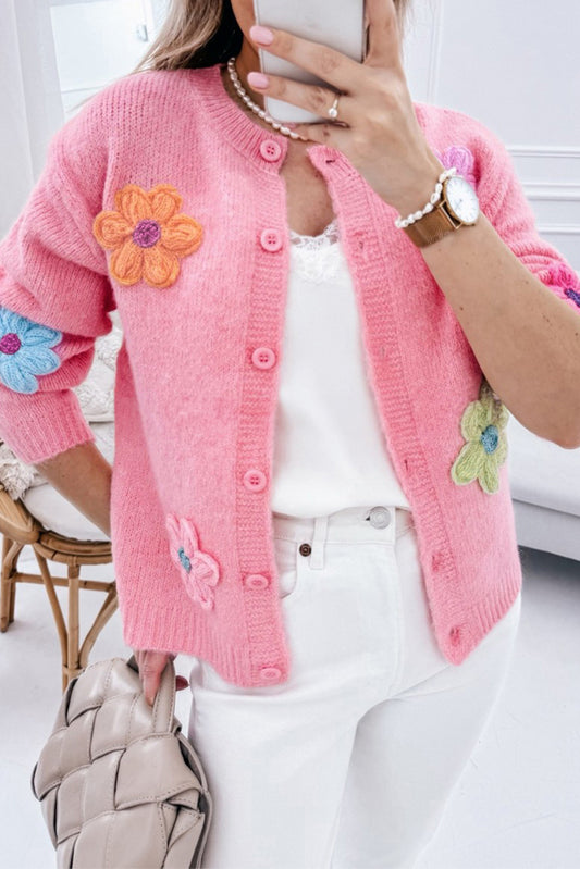 Pink Cute Knitted Floral Pattern Button Up Cardigan