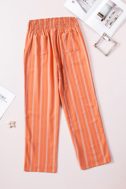 Striped Shirred High Waist Straight Leg Pants | Orange