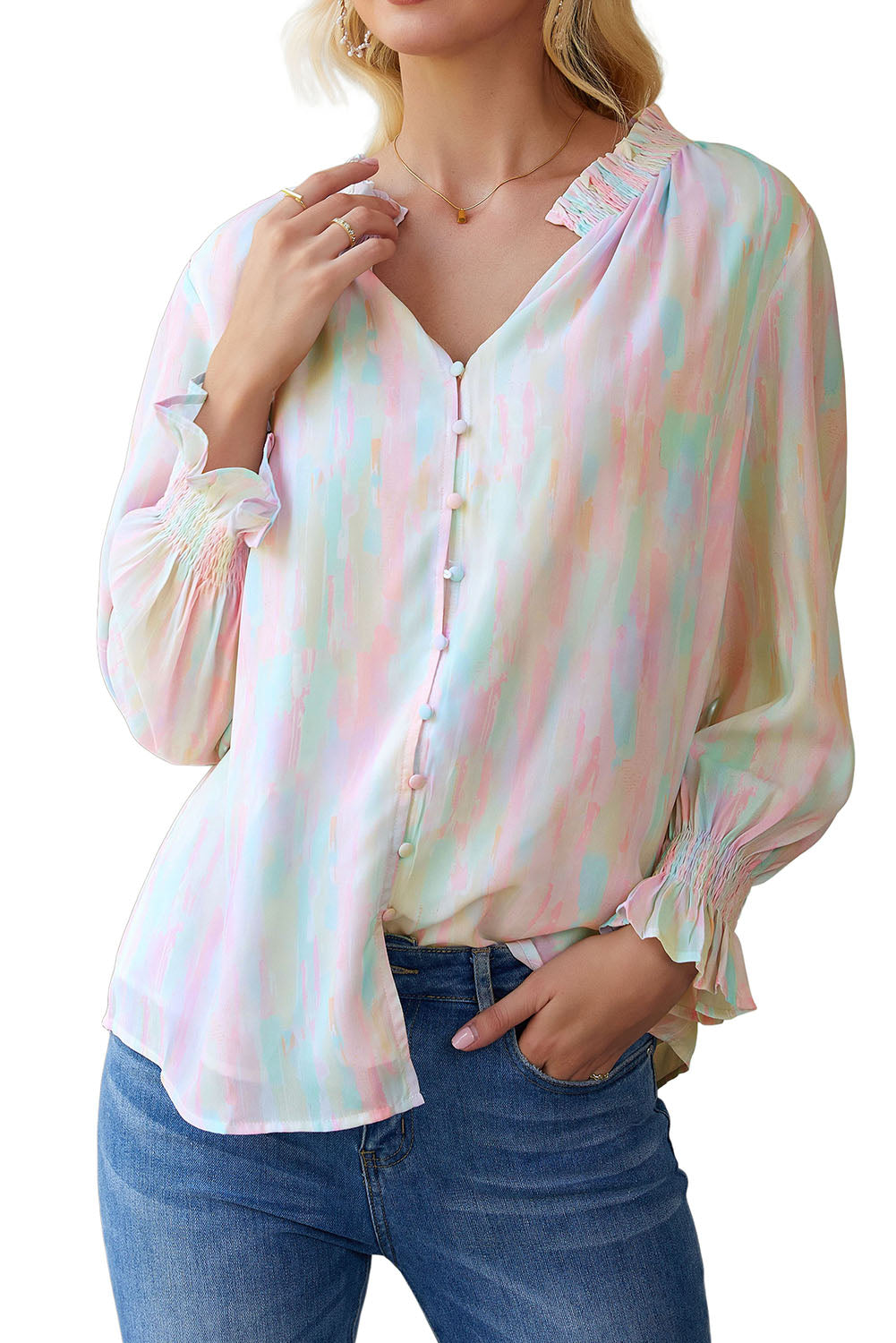 Abstract Print Frilled Buttoned Long Sleeve Shirt | Multicolour