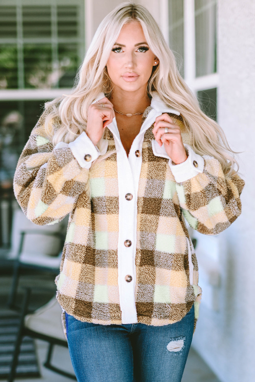 Khaki Plaid Sherpa Flap Pocket Shacket