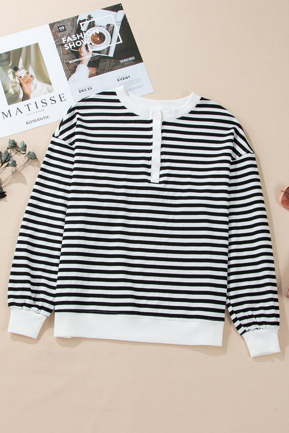 Colour Block Buttoned Crew Neck Oversized Sweatshirt | White Stripe