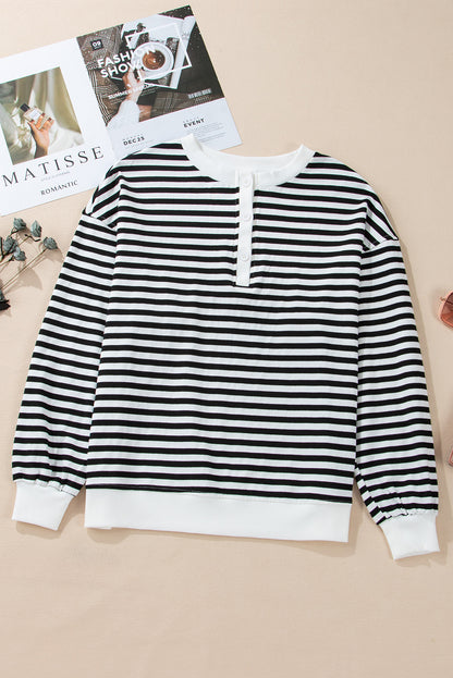 Colour Block Buttoned Crew Neck Oversized Sweatshirt | White Stripe