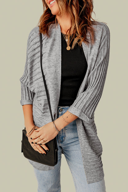 Ribbed Open Front Knit Cardigan | Gray