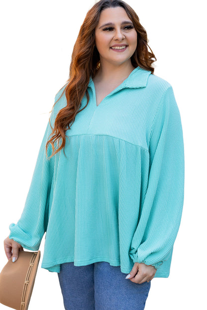 Cordrd Balloon Sleeve Collar Plus Babydoll Top | Turquoise