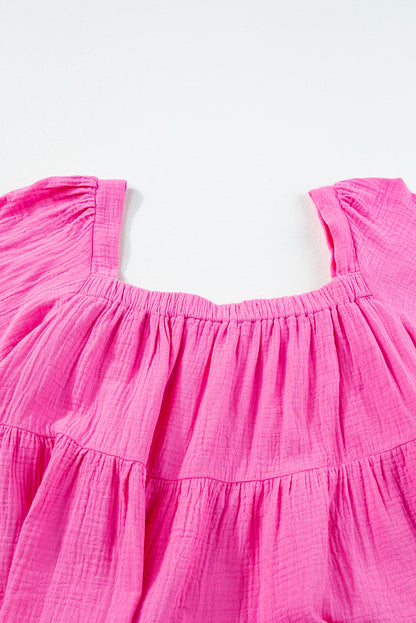 Textured Square Neck Flutter Sleeve Tiered Flowy Blouse | Bright Pink