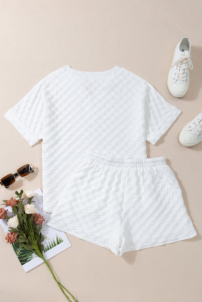 Textured Split Neck Top And Drawstring Shorts Set | White