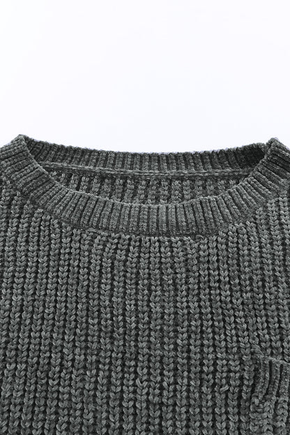 Ripped Raw Hem Chunky Pullover Sweater | Gray