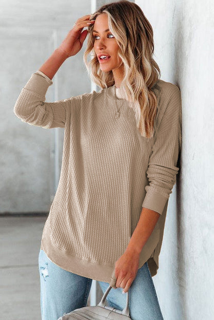 Crew Neck Ribbed Trim Waffle Knit Top | Apricot