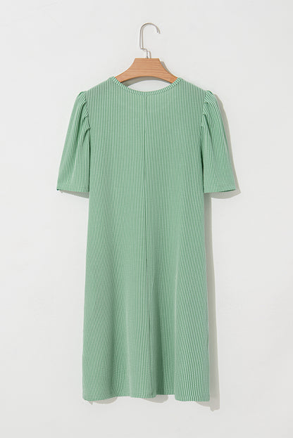 Corded Knit Crew Neck Puff Sleeve Shift Mini Dress | Mint Green