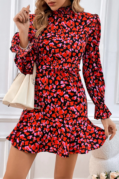 Valentines Day Heart Shape Print Long Sleeve Mini Dress | Red