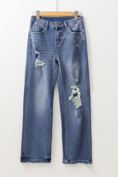 Distressed Raw Hem Straight Leg High Waist Jeans | Ashleigh Blue