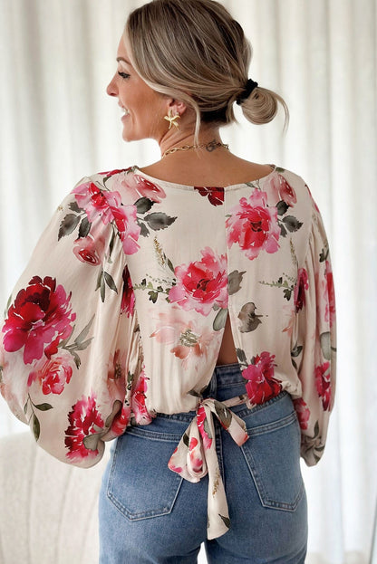 Floral 3/4 Sleeve Lace-Up Back Blouse | Rose