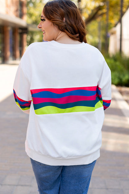 Plus Size Colourful Striped Drop Shoulder Loose Sweatshirt | White