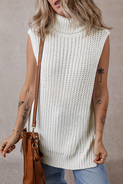 Turtleneck Knitted Slit Hem Sweater Vest | White