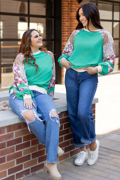 Plus Size Plaid Floral Patchwork Raglan Sleeve Sweatshirt | Sky Blue