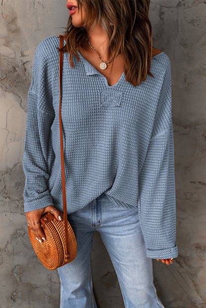 Waffle Knit Loose Long Sleeve Top | Dusk Blue