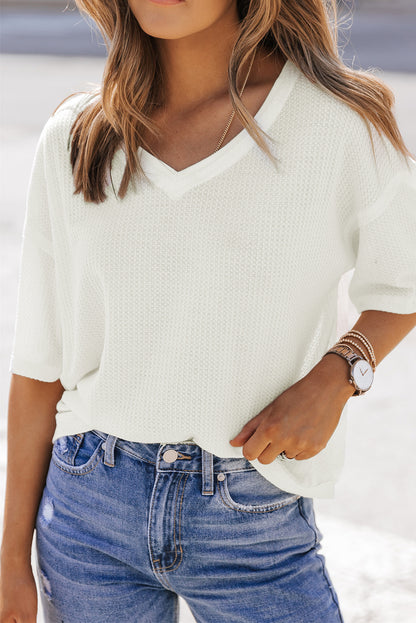 Waffle Knit Drop Shoulder Loose Top | White