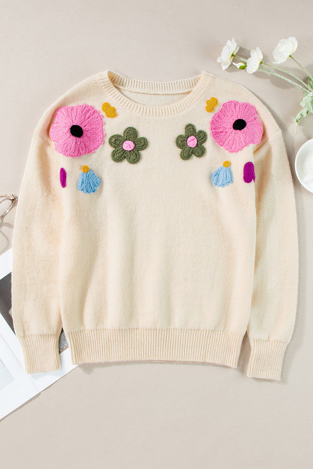 Knitted Flower Pattern Ribbed Edge Sweater | Beige