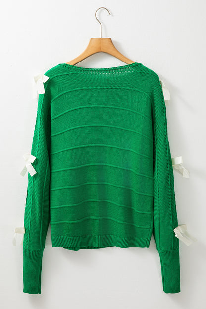 Bow Knot Cut Out Round Neck Loose Sweater | Bright Green