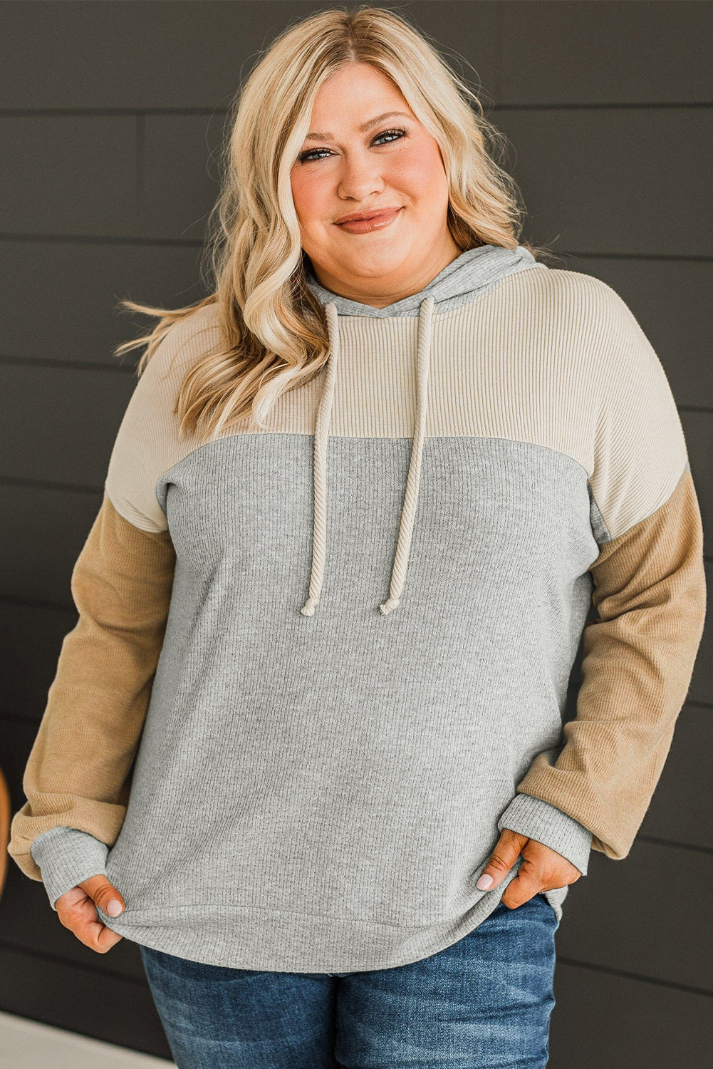 Plus Size Colourblock Drop Shoulder Ribbed Knit Hoodie | Multicolour