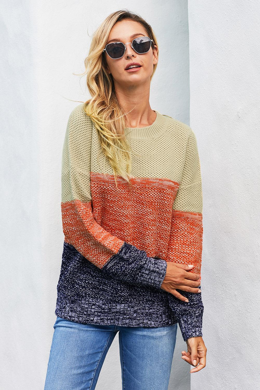 Blue Colour Block Netted Texture Pullover Sweater | Brown