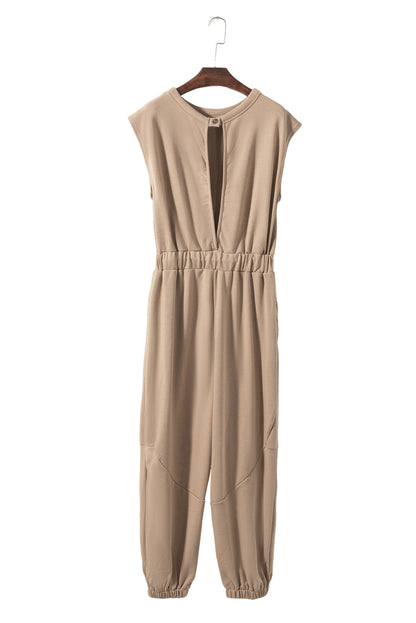 Cap Sleeve Open Back Drawstring Jogger Jumpsuit | Light French Beige