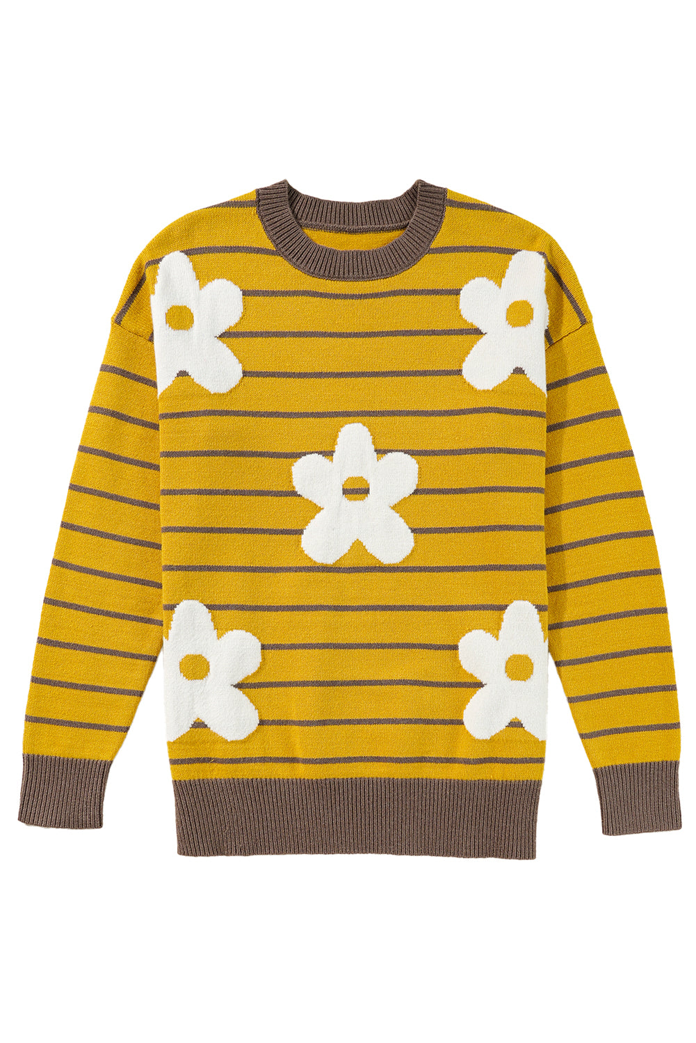 Daisy Floral Knitted Round Neck Sweater | Yellow Stripe