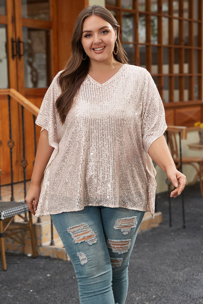 Plus Size Sequined V Neck Boxy Top | Apricot