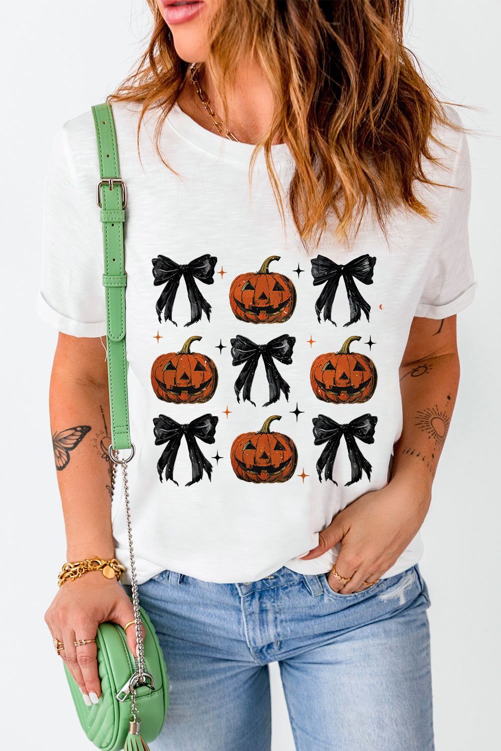 Halloween Pumpkin Face Bowknot Graphic T Shirt | White